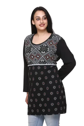 Plus Size Printed Long Tops For Women Full Sleeves T-shirts - Black