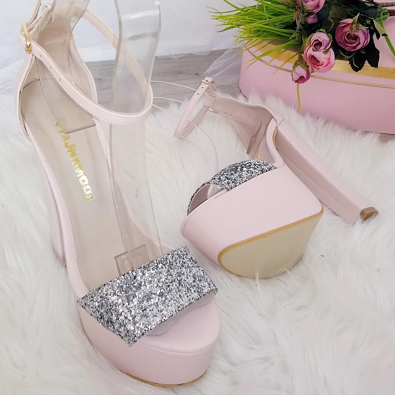 Powder Pink with Silver Shimmer Ankle Strap Platform Sandals