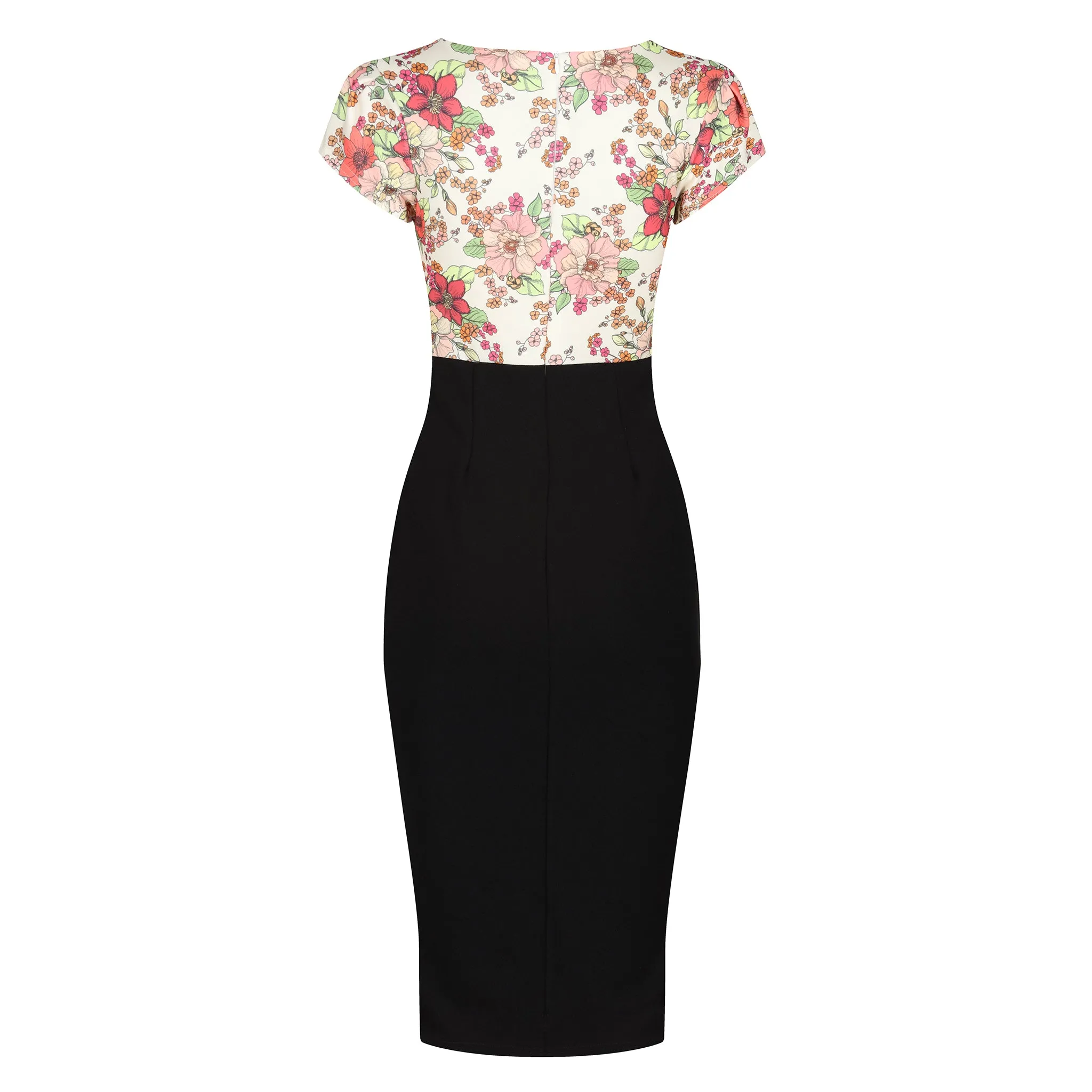 Retro Red Cream White Floral Print Tie Front Bodycon Midi Dress