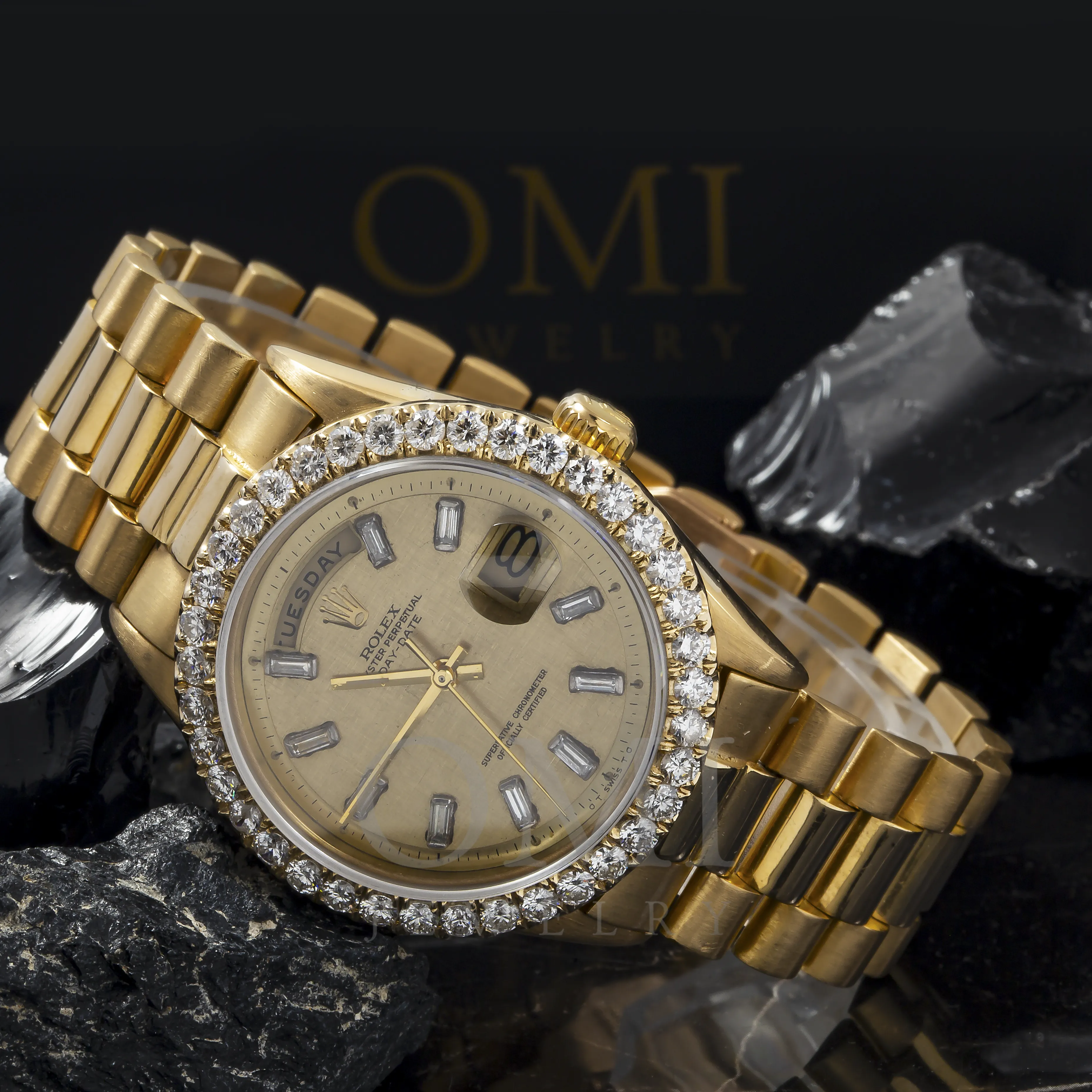 Rolex Day-Date 1803 36MM Champagne Baguette Diamond Dial With Diamond Bezel