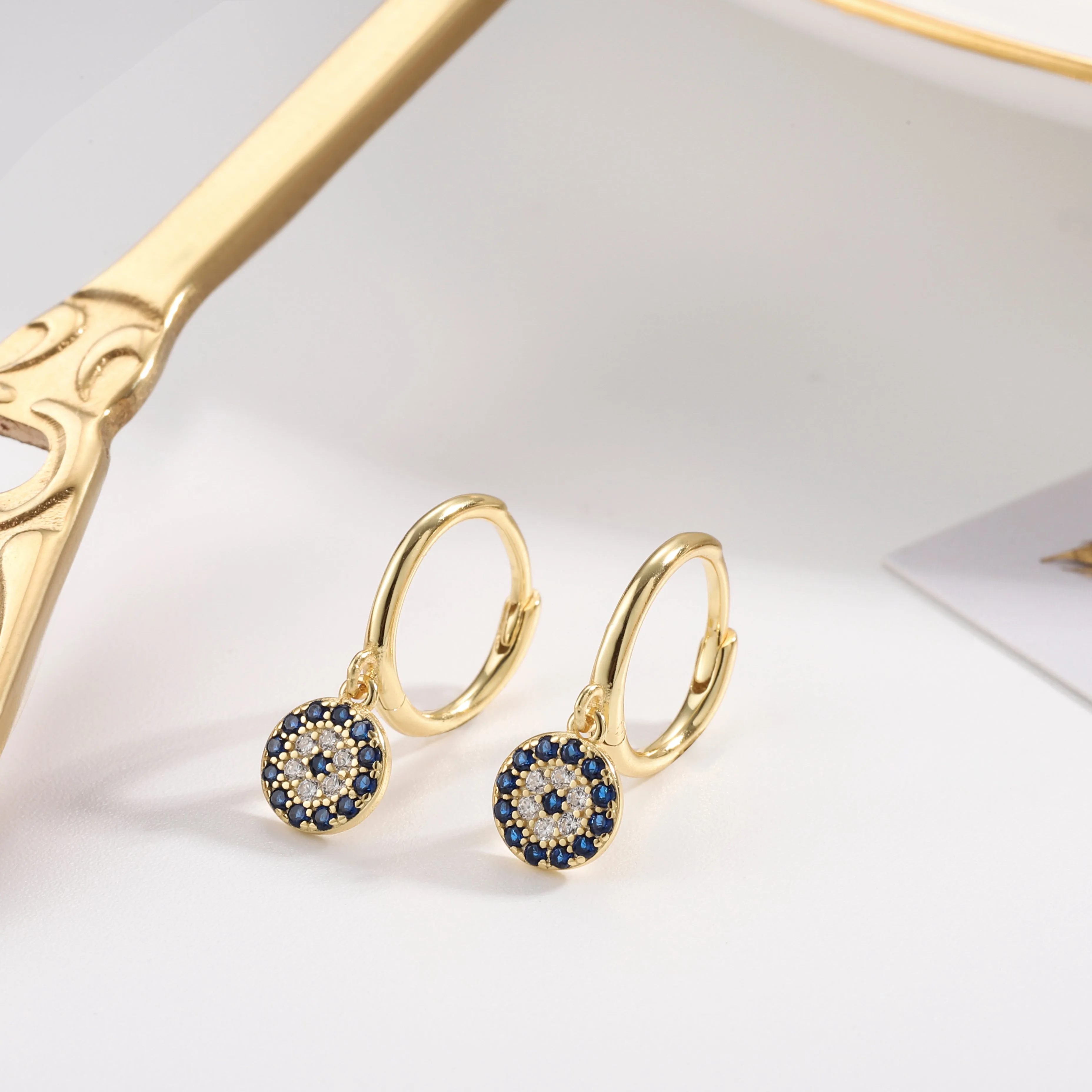 Sapphire Diamond Round Drop Hoops Earrings