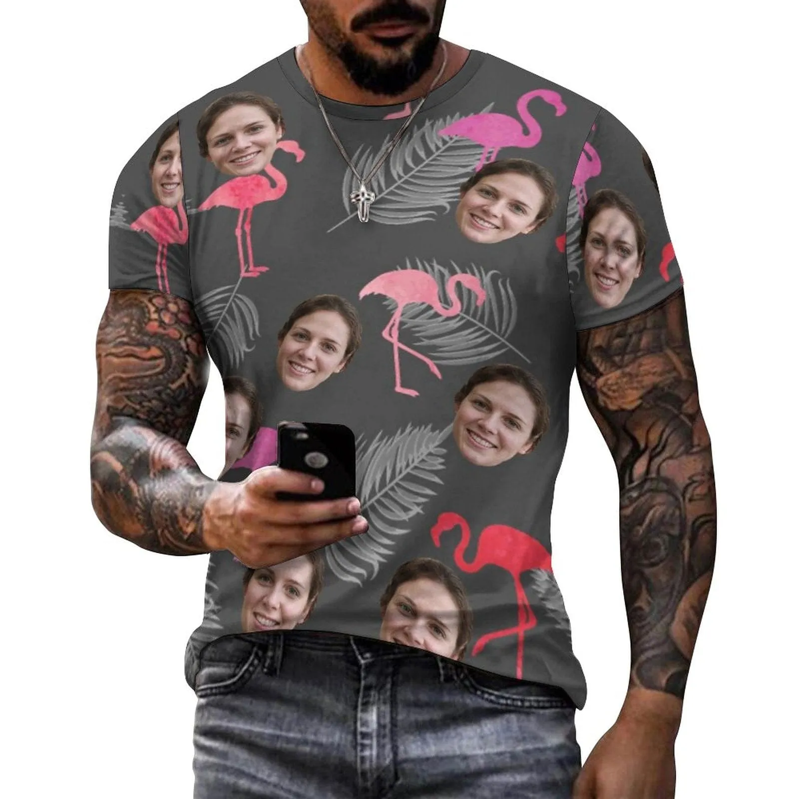 Slim Fit Cotton T-Shirt-Custom Face Flamingo Pure Cotton Slim Fit T-Shirt Personalized Men's All Over Print Short Sleeve T-Shirt