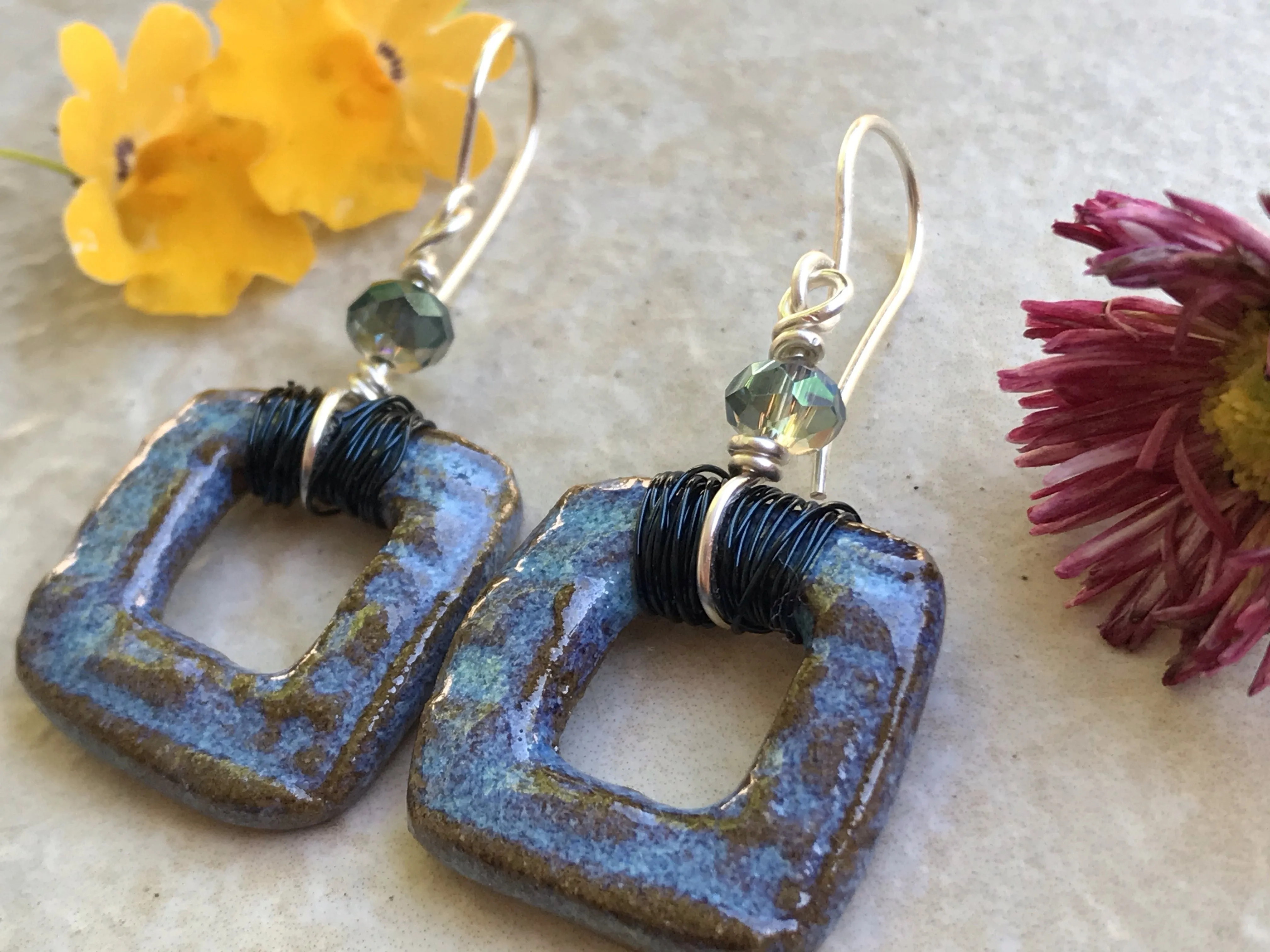 Sweet Square Earrings, Handmade Earrings with Glass Beads