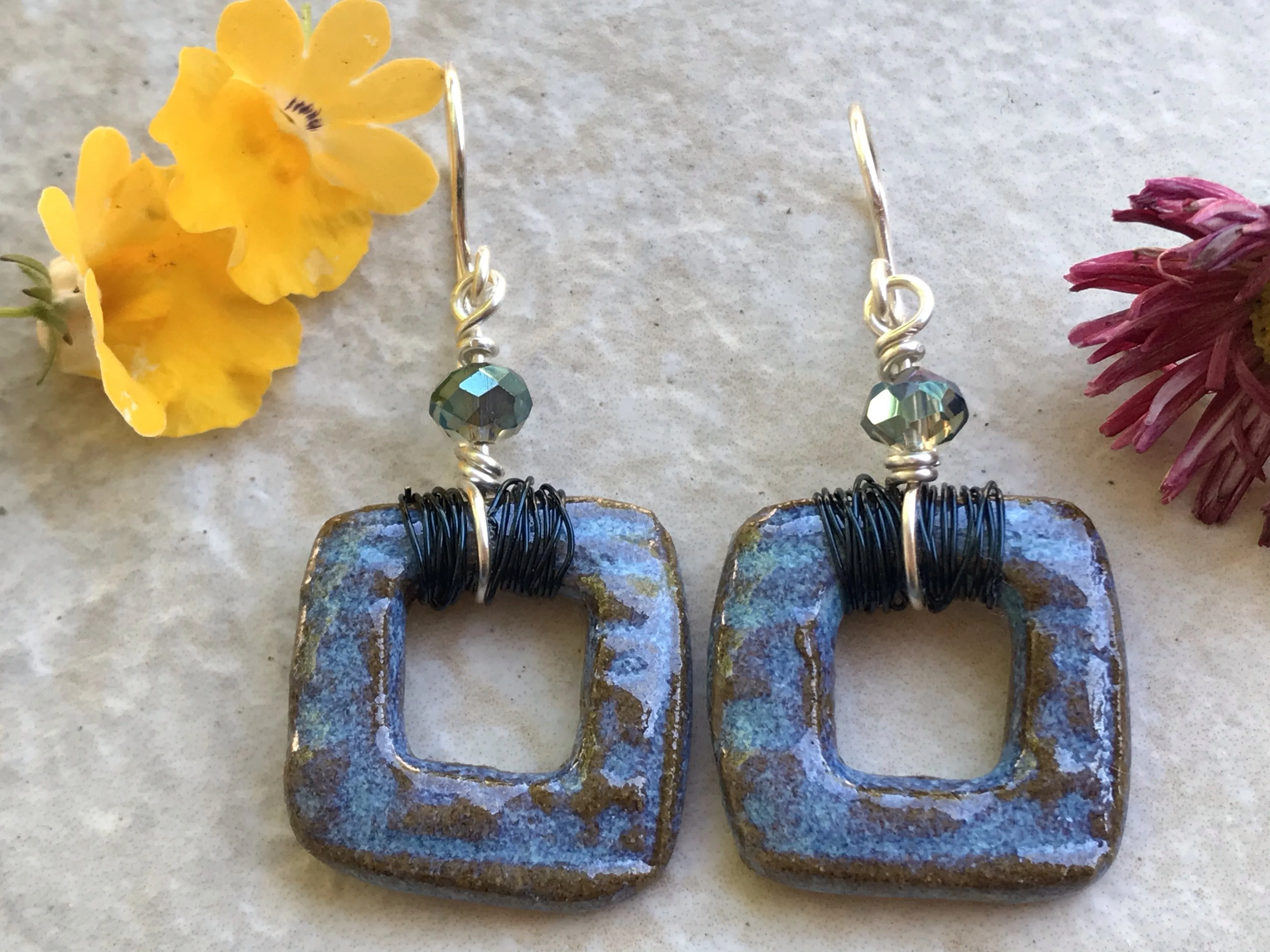 Sweet Square Earrings, Handmade Earrings with Glass Beads