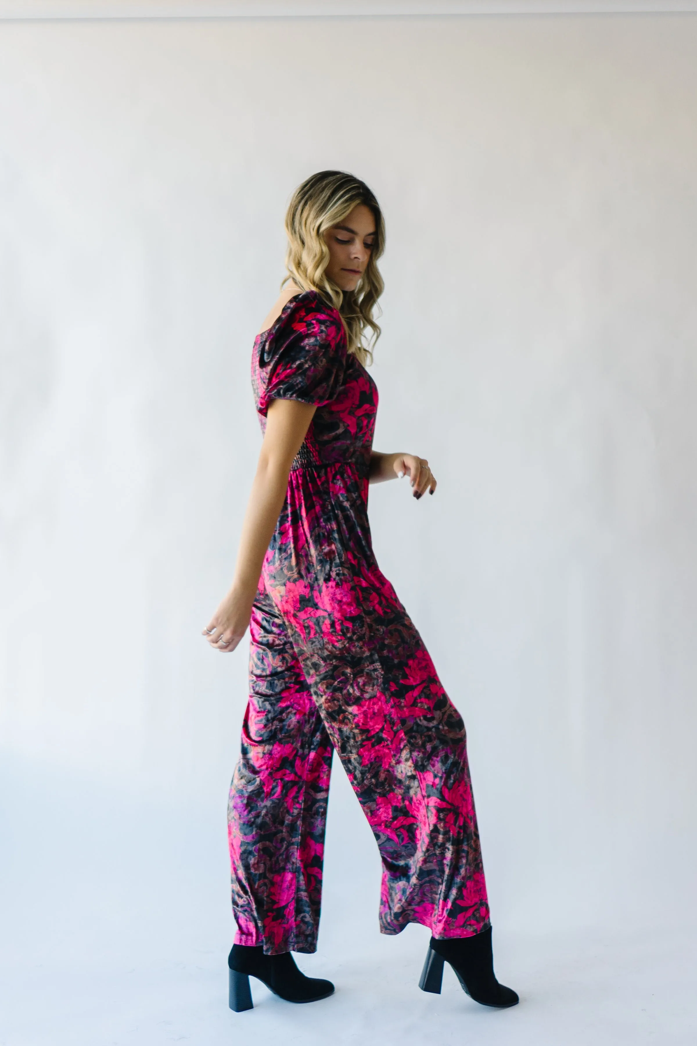 The Blythe Velvet Jumpsuit in Black Floral