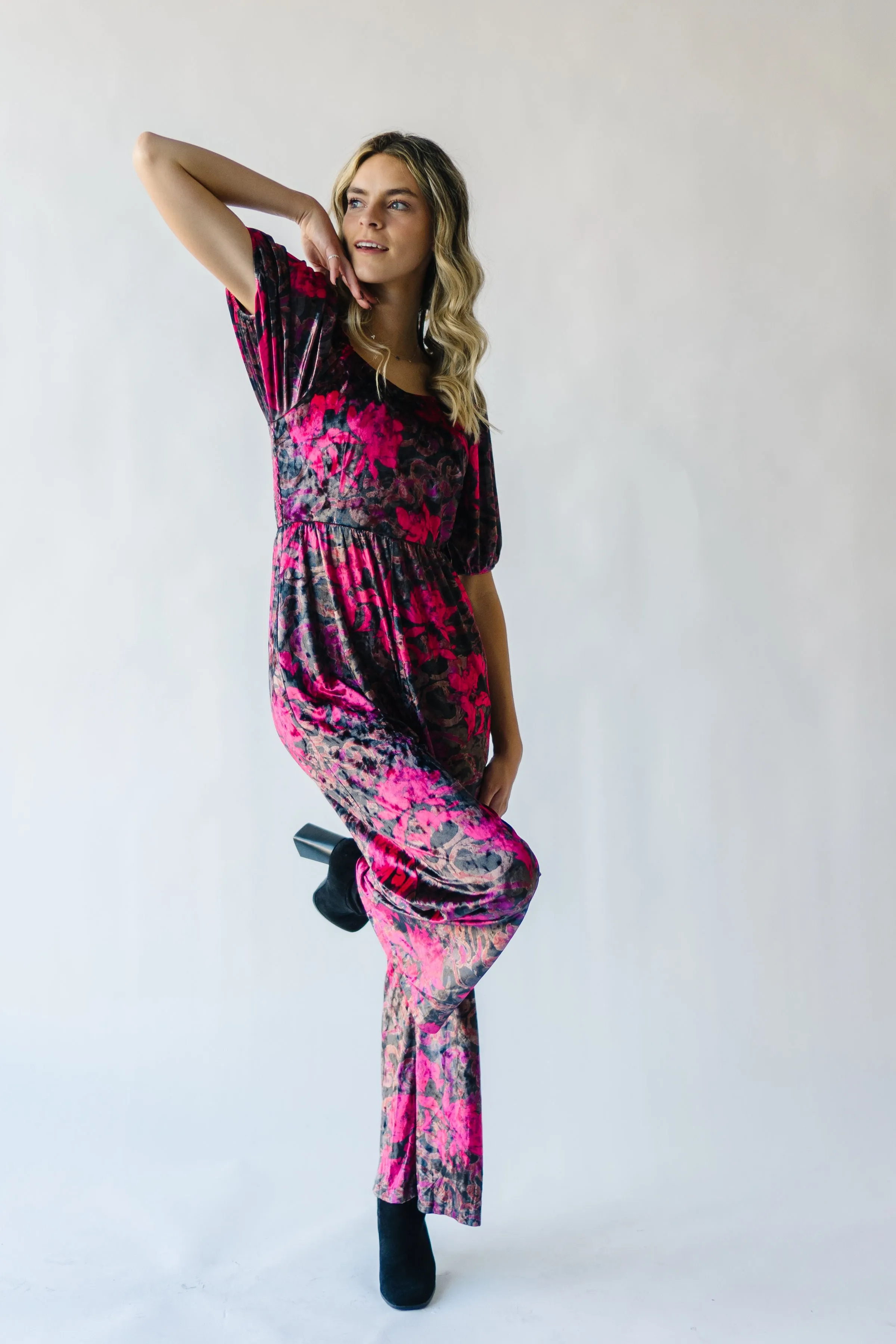 The Blythe Velvet Jumpsuit in Black Floral