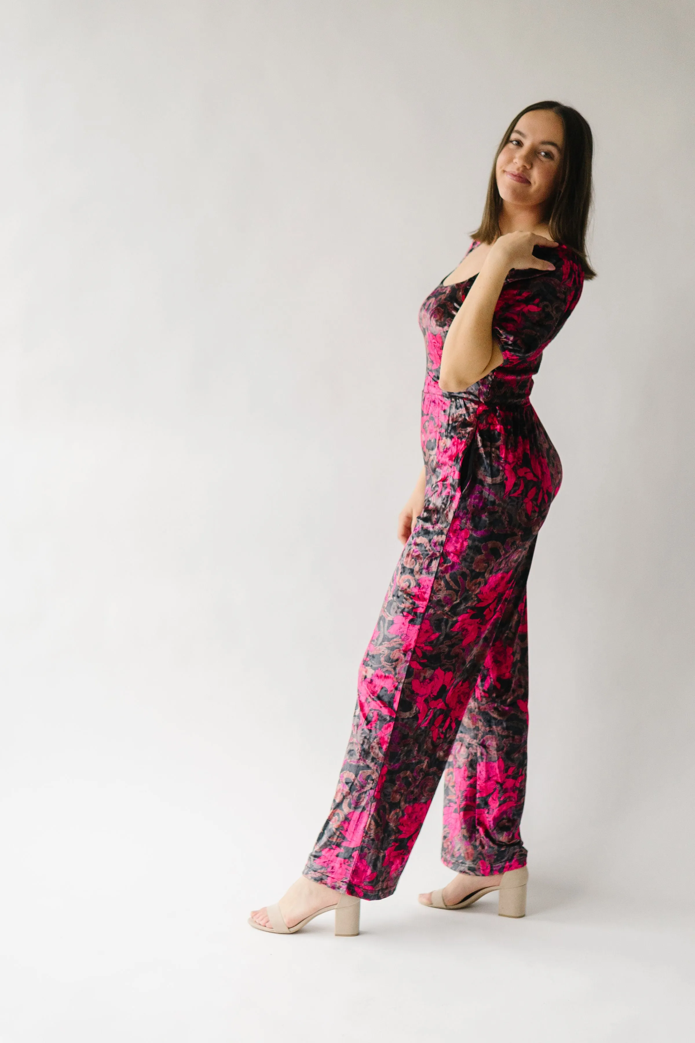 The Blythe Velvet Jumpsuit in Black Floral