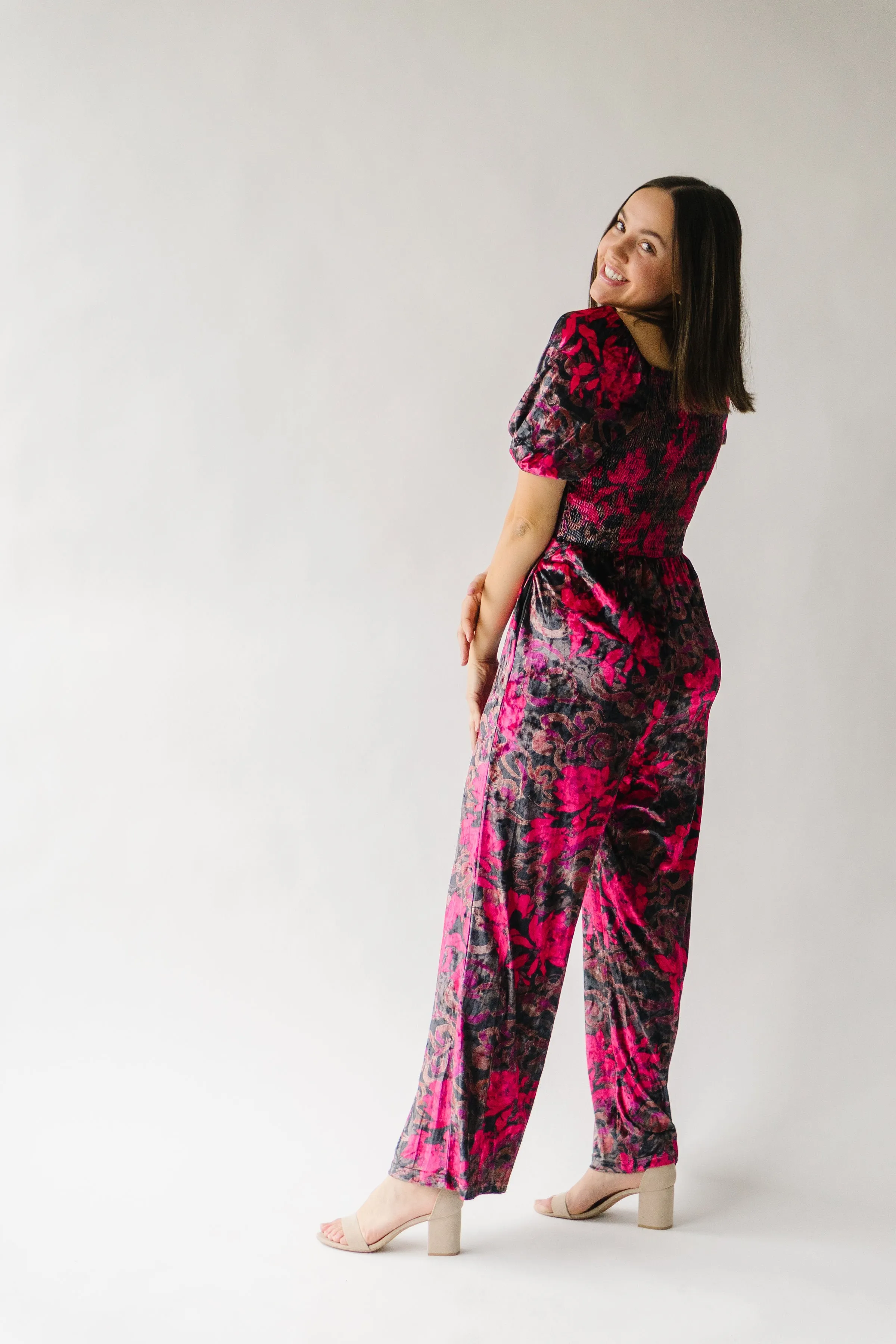 The Blythe Velvet Jumpsuit in Black Floral