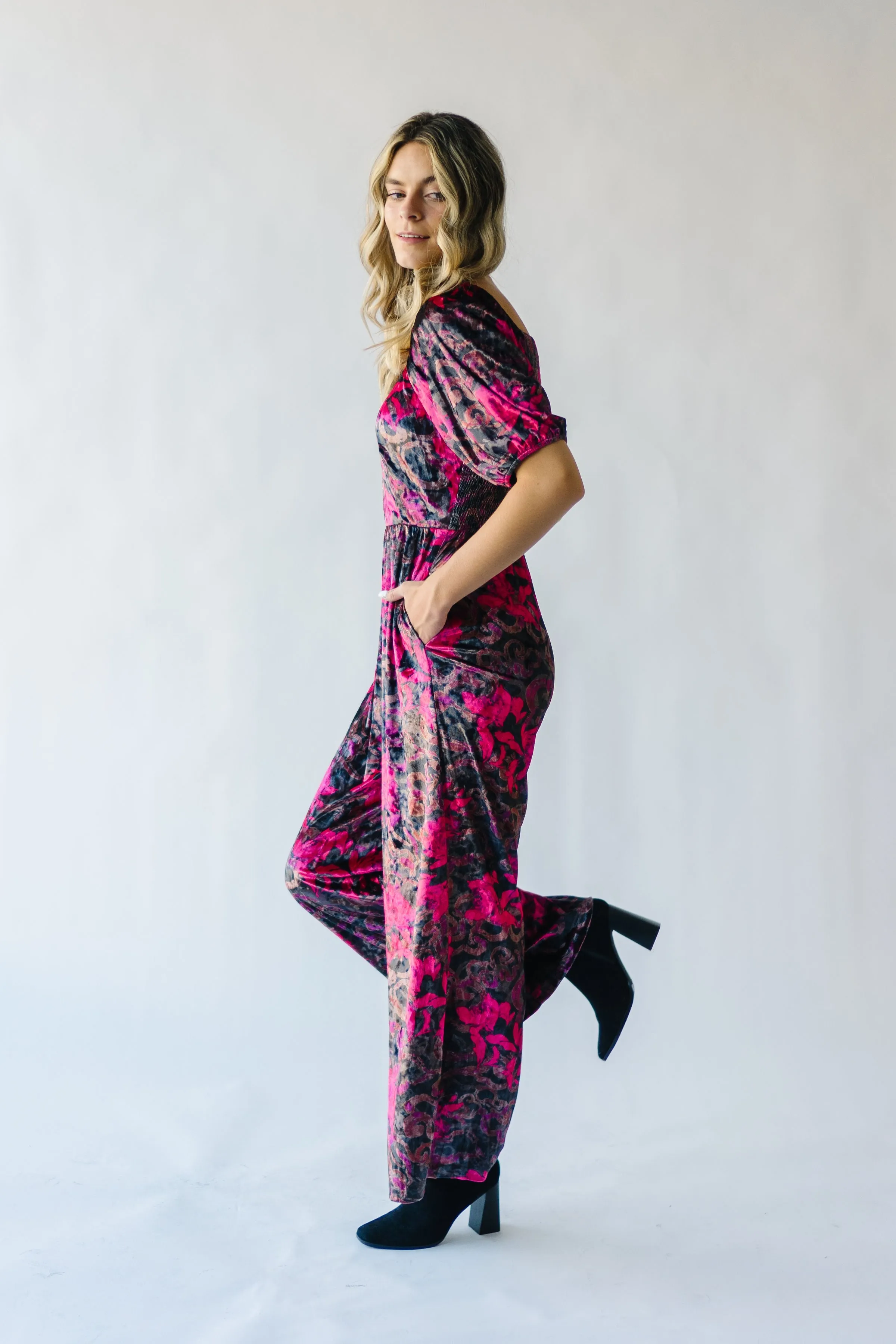 The Blythe Velvet Jumpsuit in Black Floral