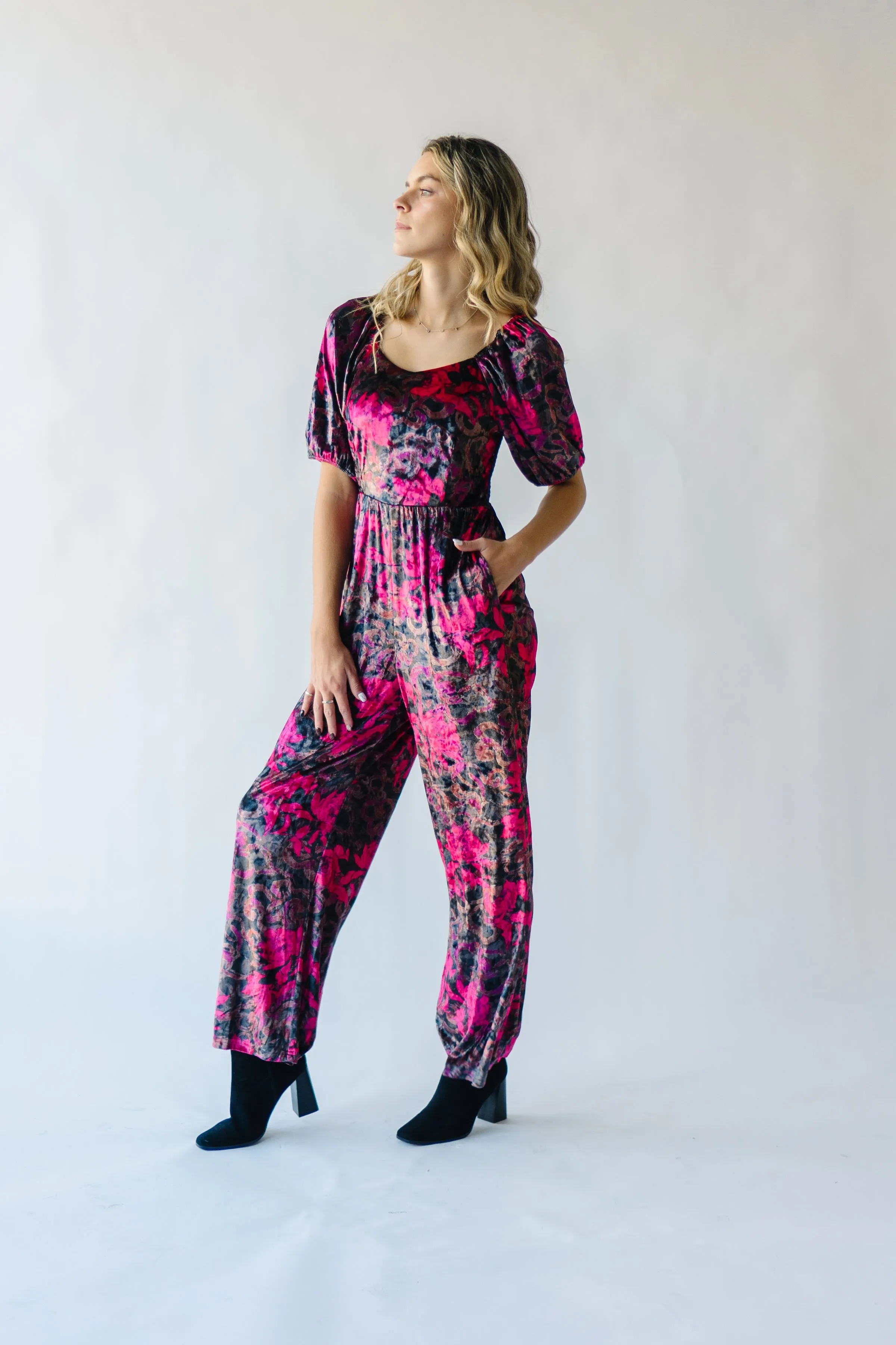 The Blythe Velvet Jumpsuit in Black Floral