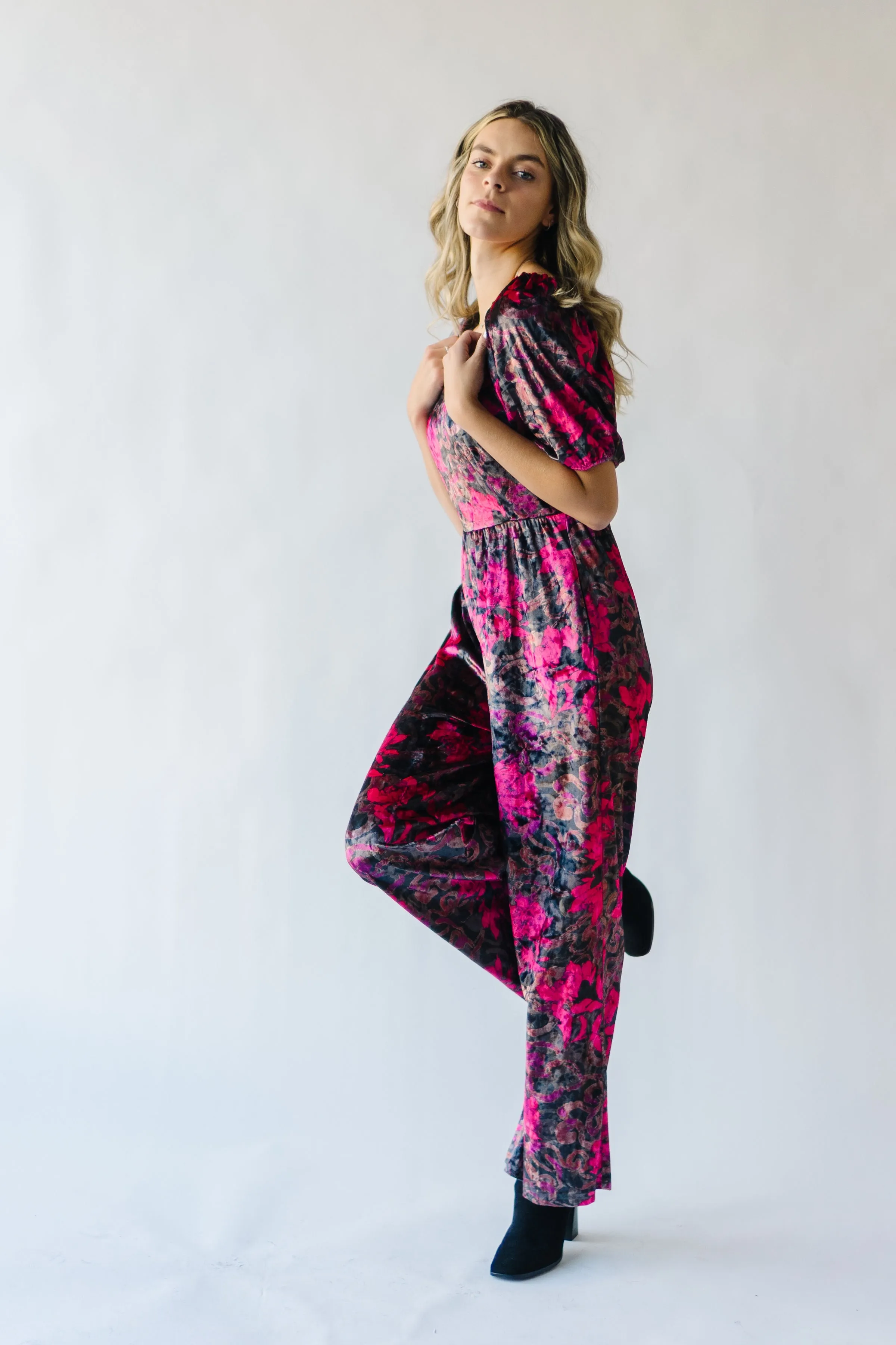 The Blythe Velvet Jumpsuit in Black Floral