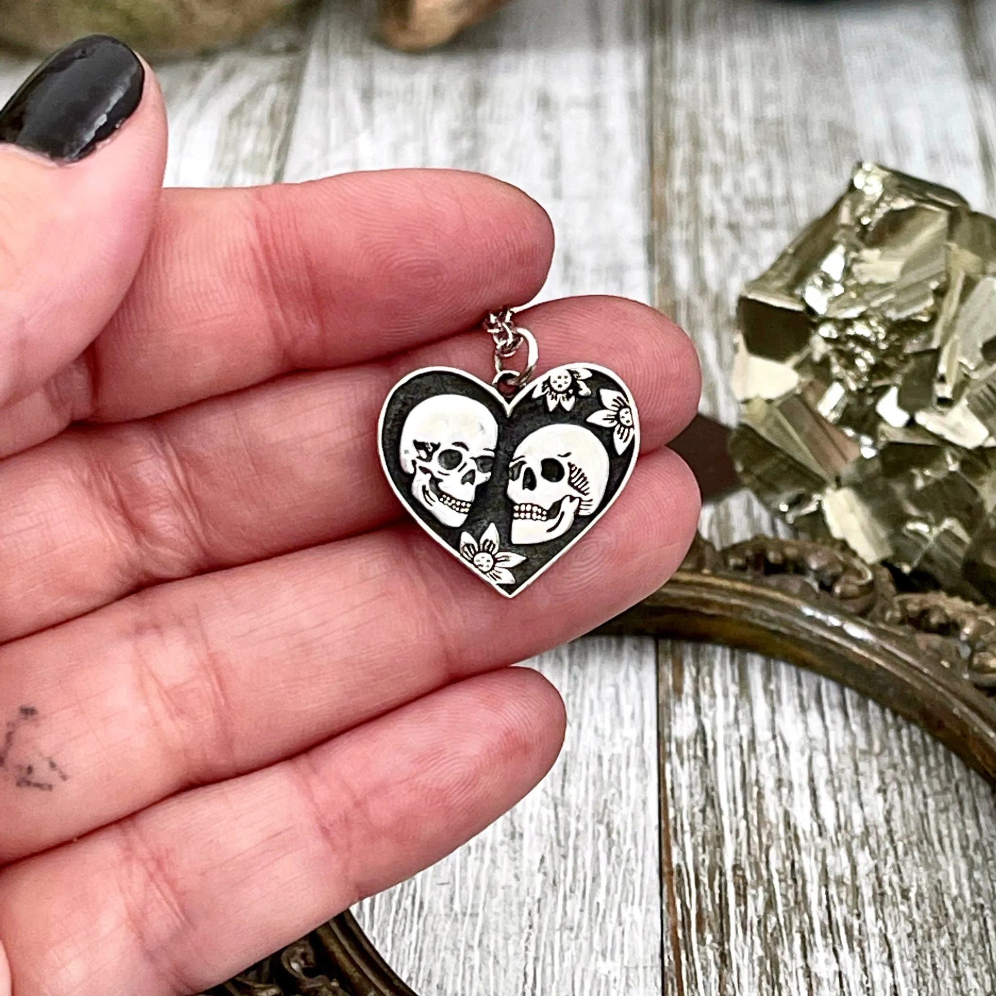 Tiny Talisman Collection - Sterling Silver The Lovers Skull & Heart Necklace Charm 24x22mm /