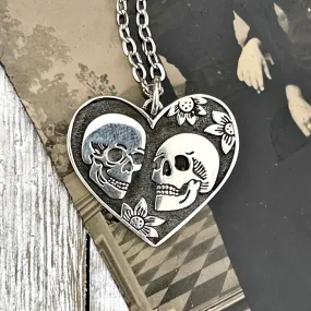 Tiny Talisman Collection - Sterling Silver The Lovers Skull & Heart Necklace Charm 24x22mm /