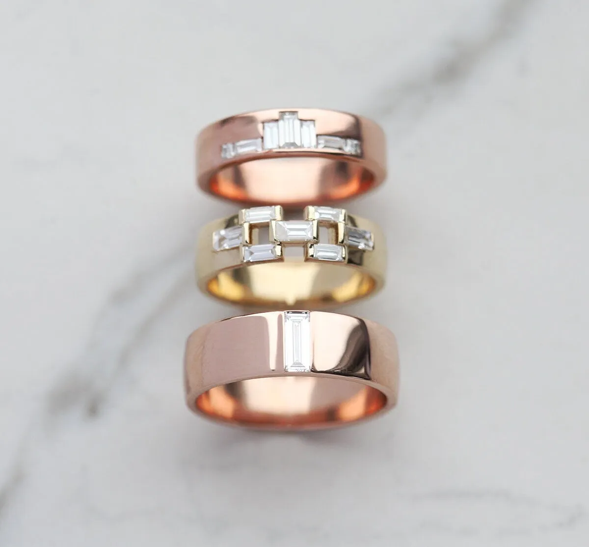 Unique Rose Gold Diamond Wedding Band, Baguette Diamond Wedding Ring