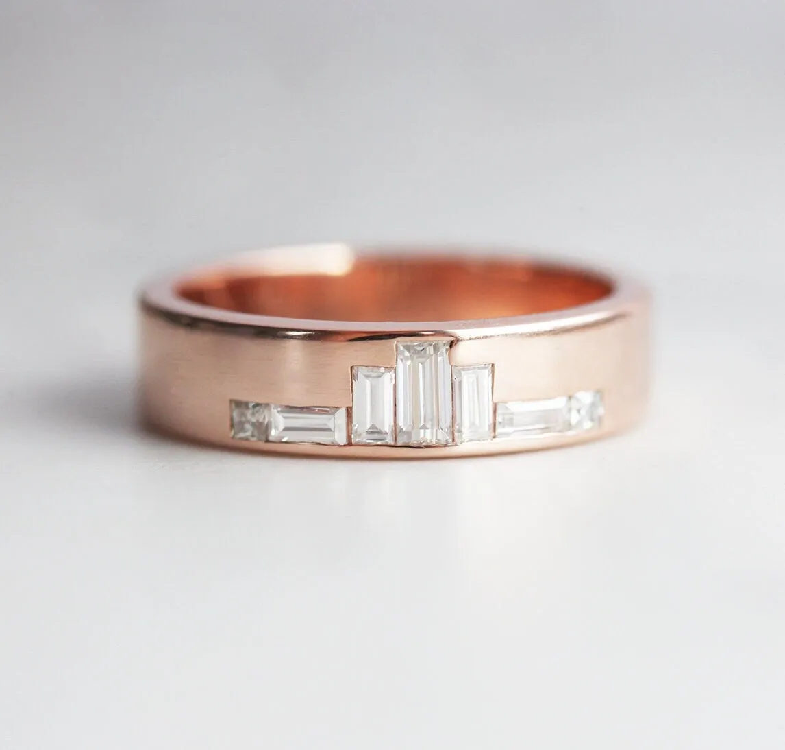 Unique Rose Gold Diamond Wedding Band, Baguette Diamond Wedding Ring