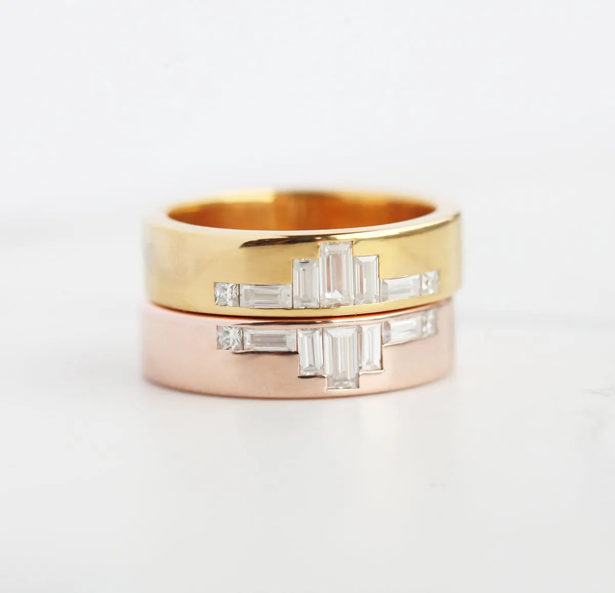 Unique Rose Gold Diamond Wedding Band, Baguette Diamond Wedding Ring