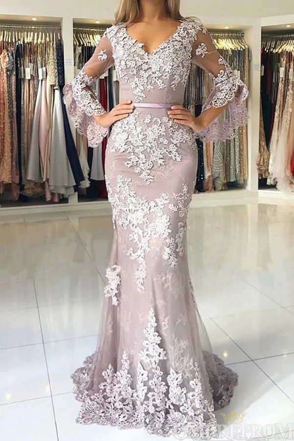 V Neck Long Sleeves Lace Mermaid Prom Dresses with Appliques