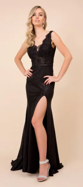 V neck Split Skirt Long Prom Dress with Lace Top