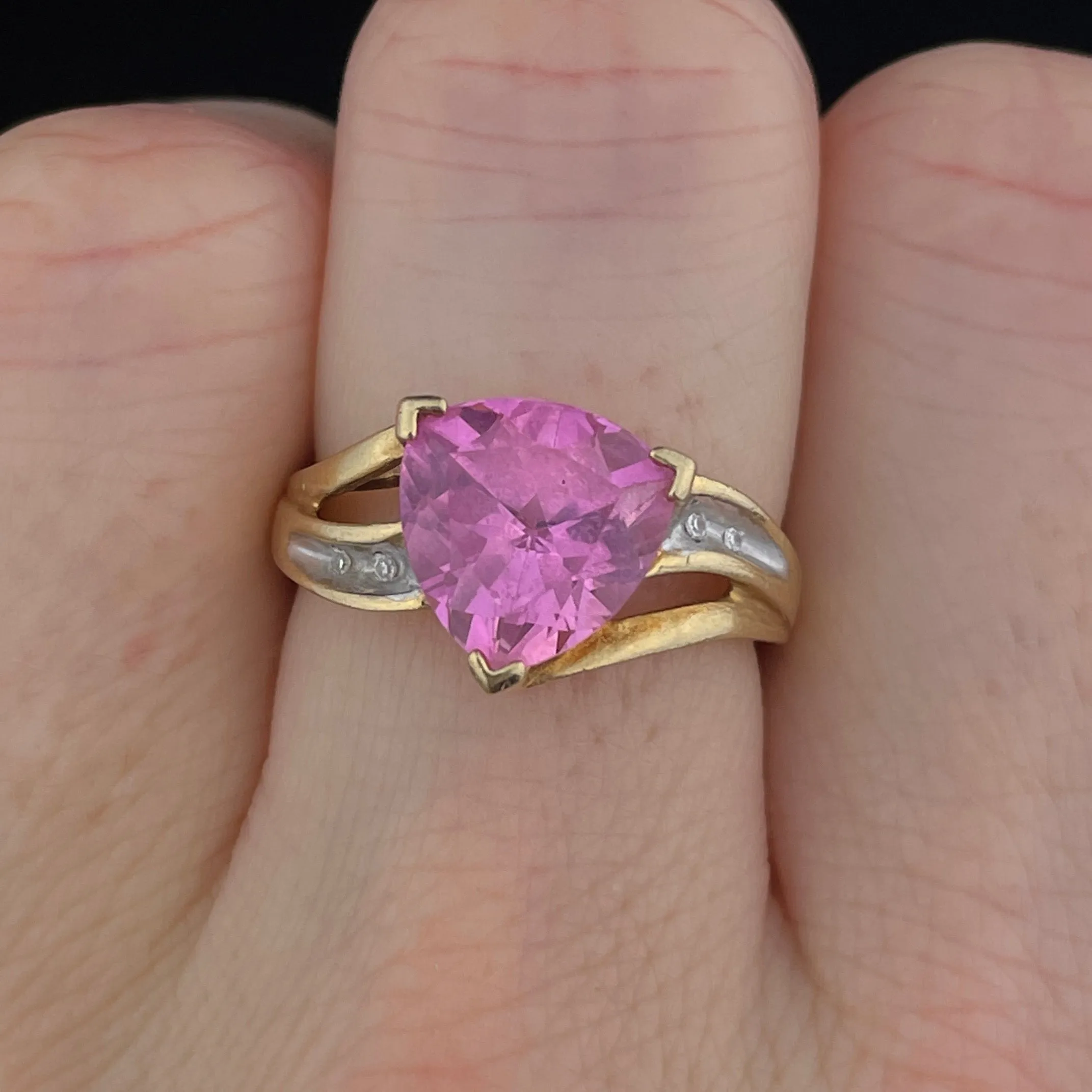 Vintage 10K Trillion Cut Pink Sapphire Diamond Ring, Sz 6 1/2