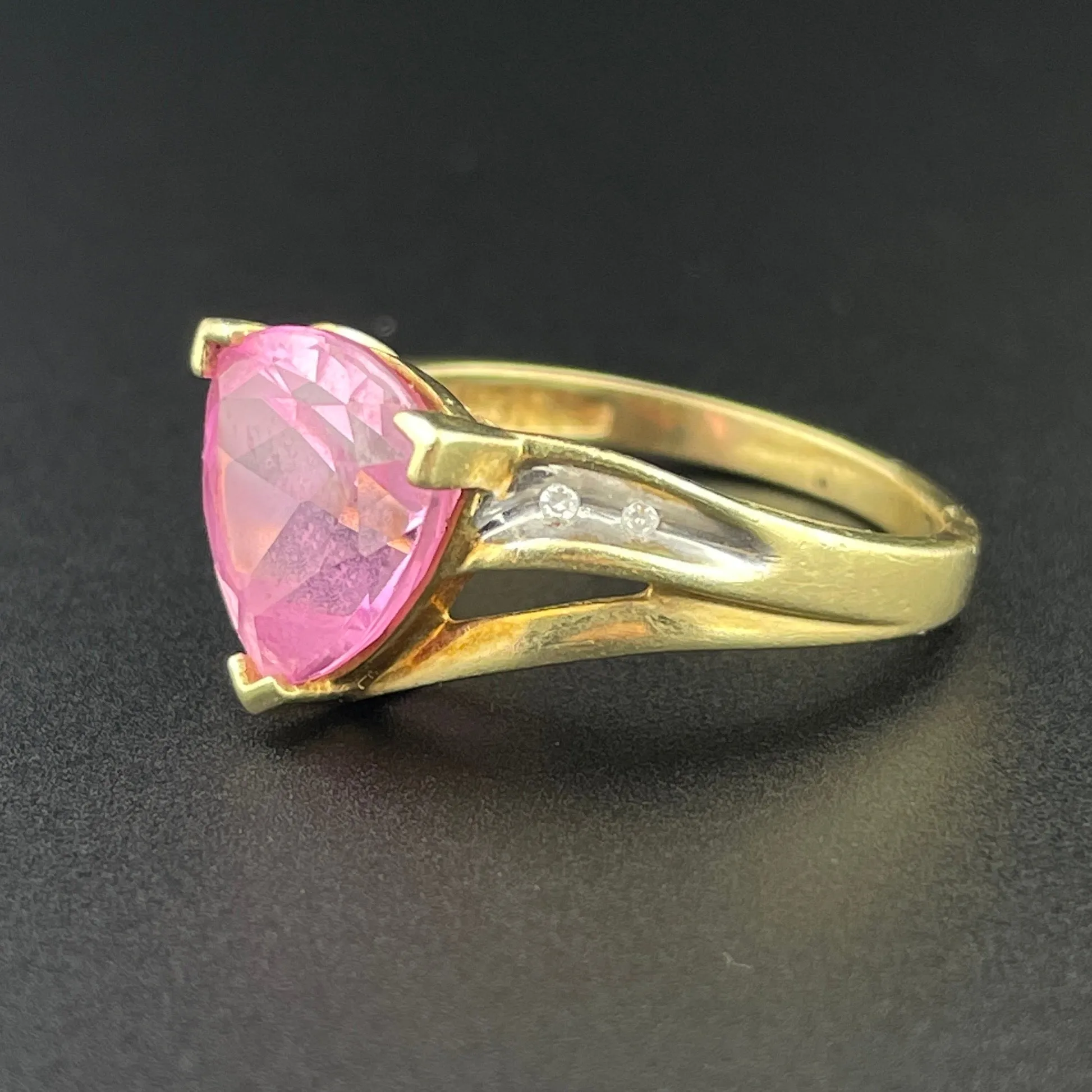 Vintage 10K Trillion Cut Pink Sapphire Diamond Ring, Sz 6 1/2