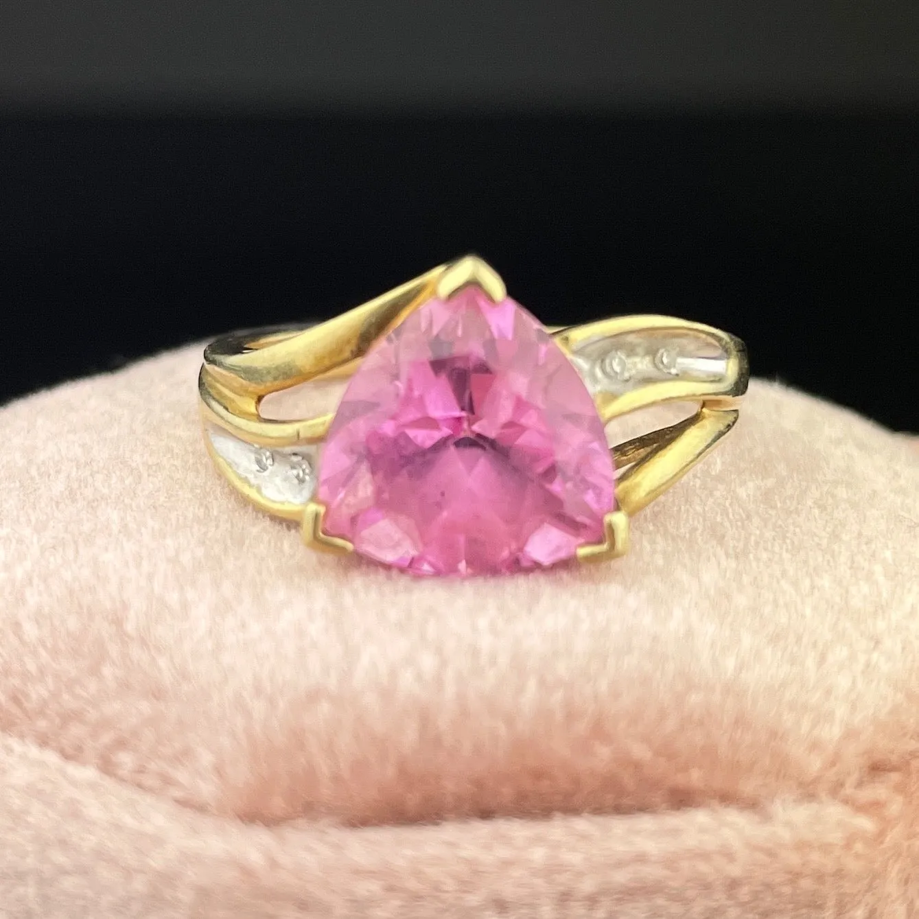 Vintage 10K Trillion Cut Pink Sapphire Diamond Ring, Sz 6 1/2