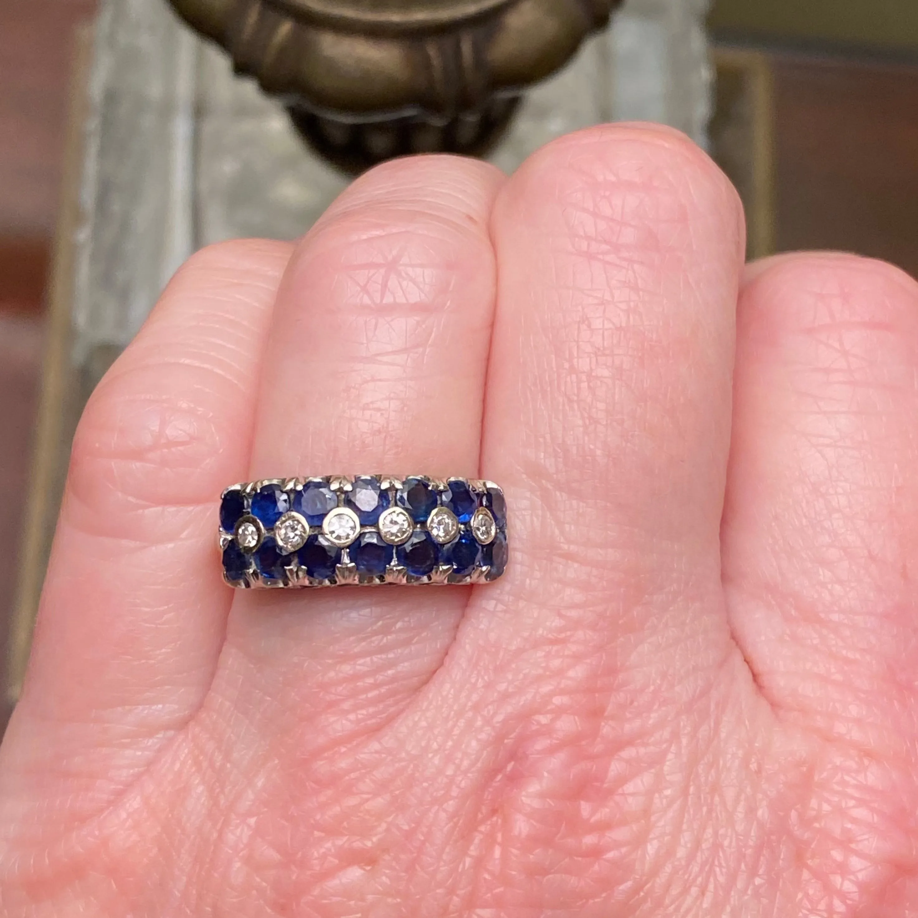 Vintage 14K White Gold Sapphire & Diamond Cluster Band Ring