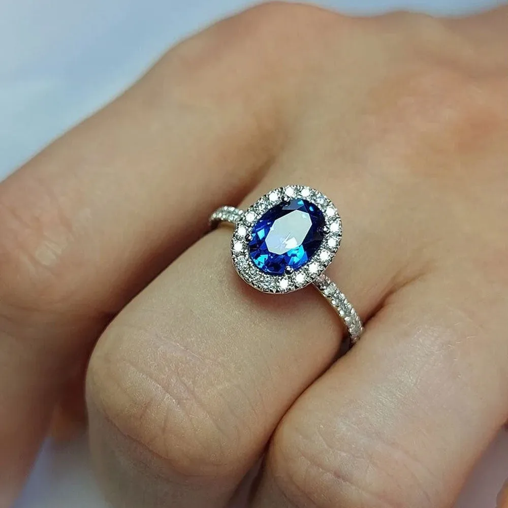 Vintage Blue Oval Cut Engagement Ring In Sterling Silver