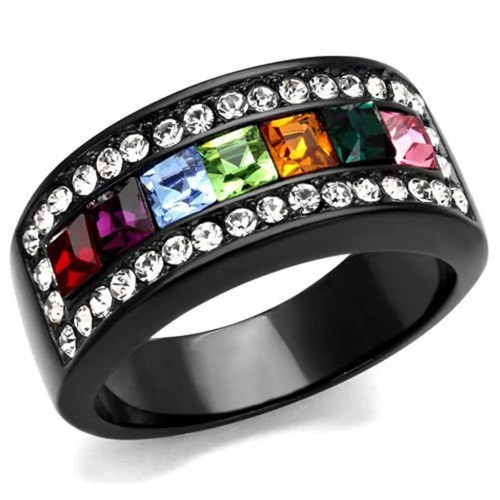 WildKlass Stainless Steel Ring IP Black Women Top Grade Crystal Multi Color