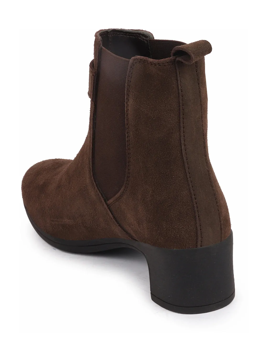 Women Brown Flared Heel High Ankle Suede Leather Classic Winter Buckle Strap Chelsea Boots