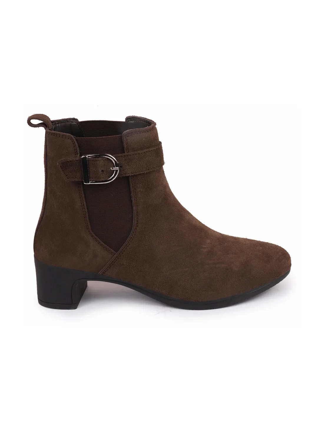 Women Brown Flared Heel High Ankle Suede Leather Classic Winter Buckle Strap Chelsea Boots