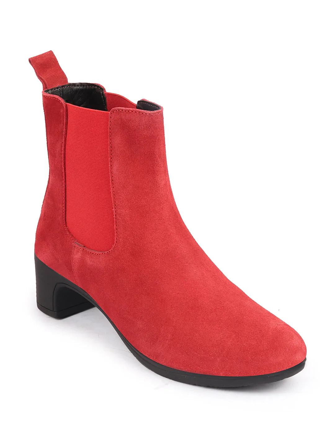 Women Red Flared Heel High Ankle Suede Leather Classic Winter Chelsea Boots