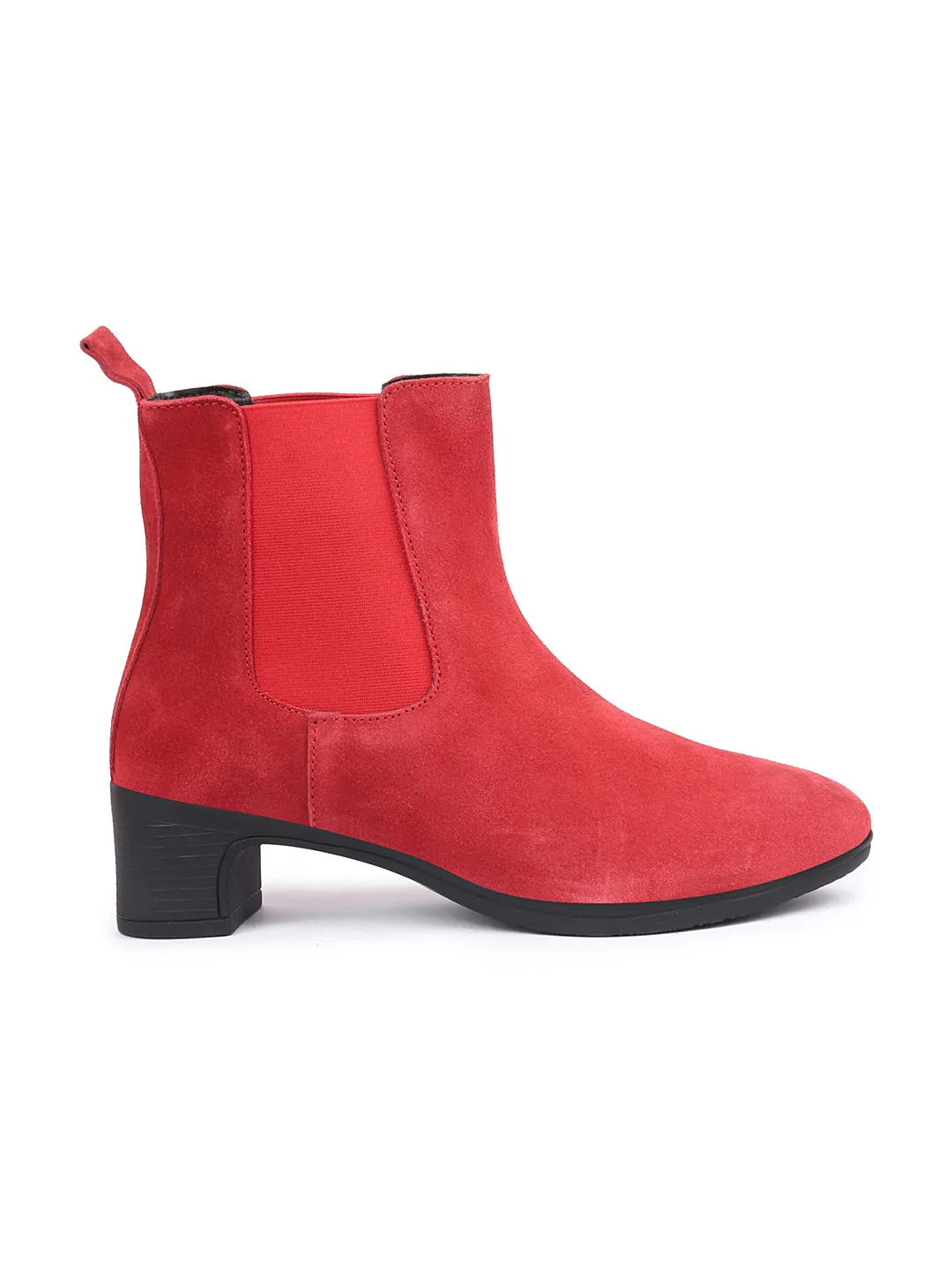 Women Red Flared Heel High Ankle Suede Leather Classic Winter Chelsea Boots